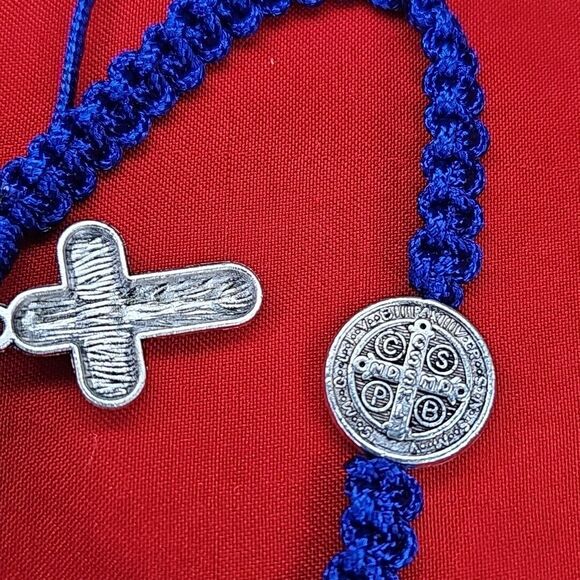 St. Benedict Blessed Cross Blue Bracelet Adjustable String Silver Tone Metal - Picture 4 of 6